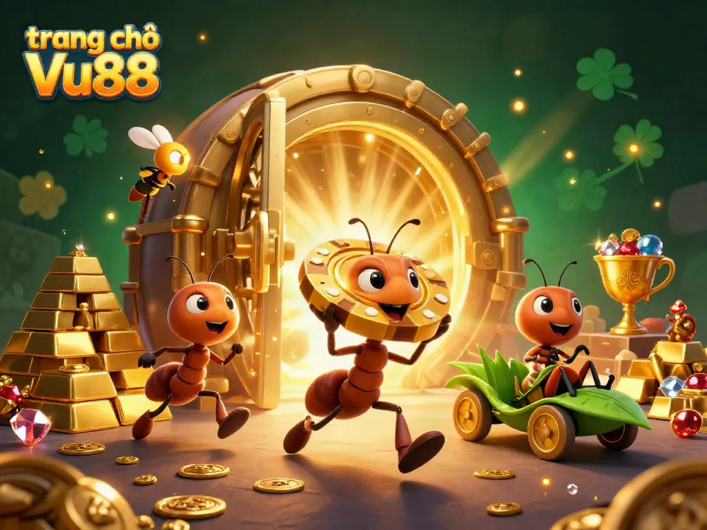 Experience the excitement at trang chủ Vu88 with a 3D illustration of cartoon ants on a heist.