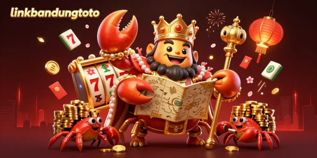 Experience thrilling gaming action with linkbandungtoto’s vibrant 3D illustration featuring a crab emperor and dynamic slot elements.