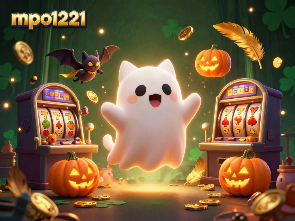 Engage with mpo1221 in a vibrant haunted casino scene filled with slot games and spooky elements.