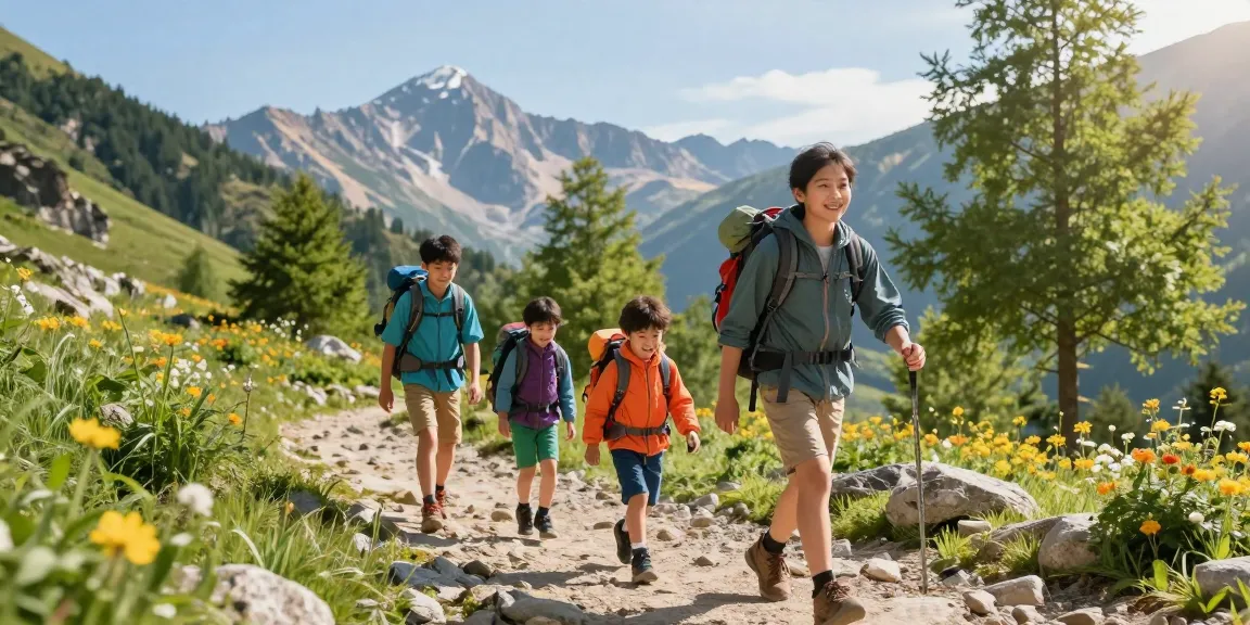 Family hiking in vibrant outdoor gear at thatmountainlife.com scenic mountain trail.