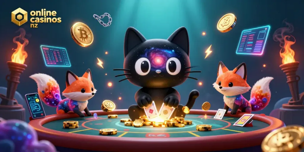 Engage with online casinos nz through an interactive cosmic casino scene depicting exciting gambling elements and characters.