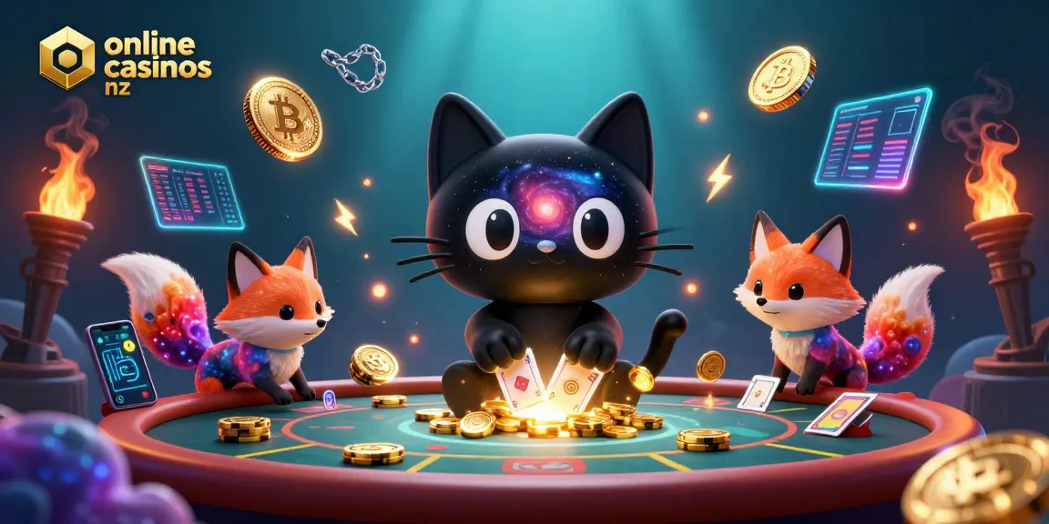 Engage with online casinos nz through an interactive cosmic casino scene depicting exciting gambling elements and characters.