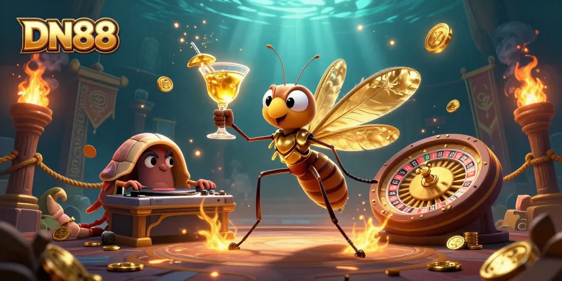 Experience thrill at DN88 with a lively casino scene showcasing a unique mascot cocktail and dynamic DJ.