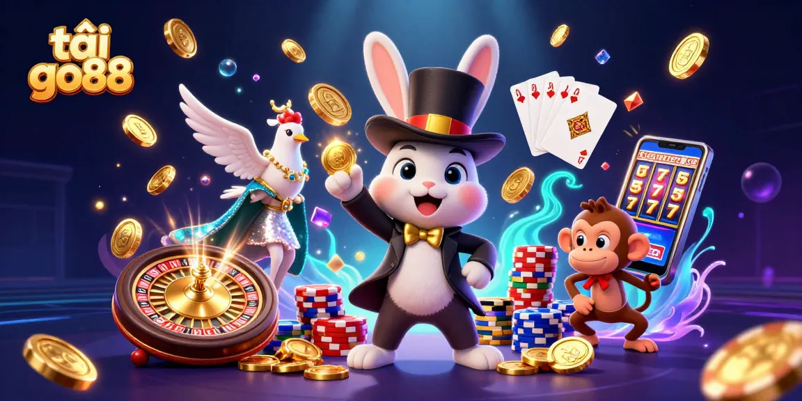 Experience thrilling magic and excitement with tải go88 as the rabbit conjures coins in a vibrant casino scene.