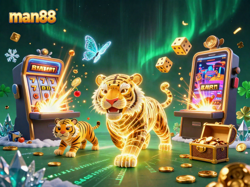 Experience exhilarating wins with man88 in this dazzling digital casino scene featuring vibrant slot machines and festive elements.
