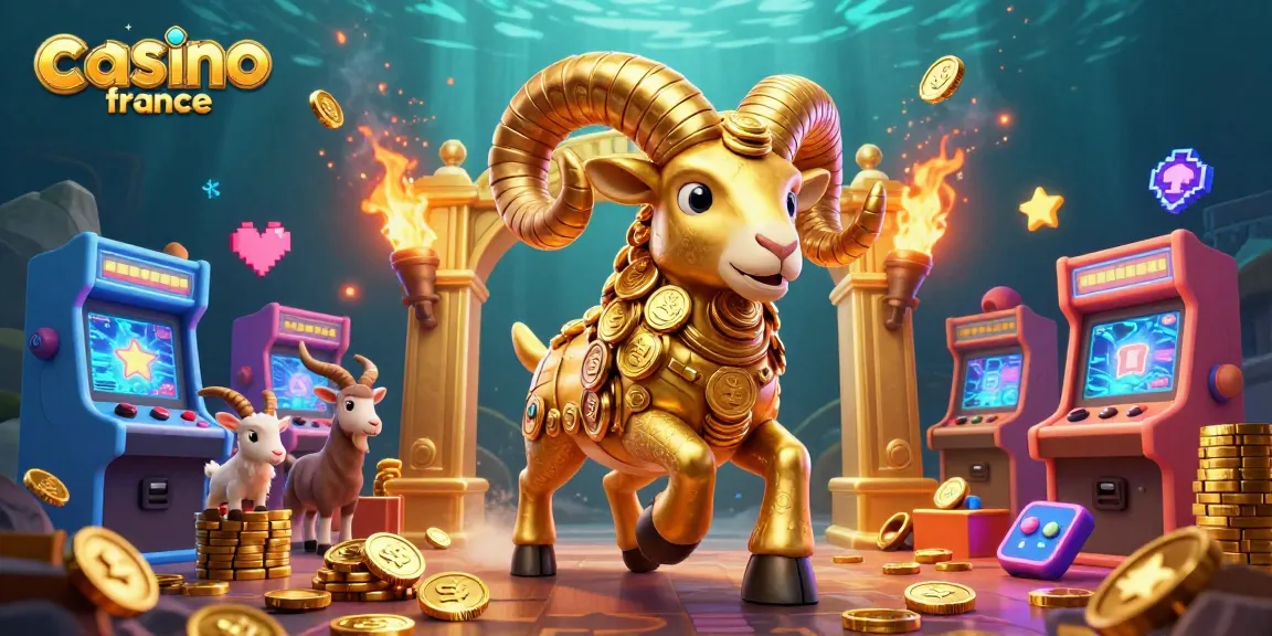 Profitez d'une expérience captivante sur un casino en ligne en France avec un bélier doré et des machines à sous colorées en arrière-plan.