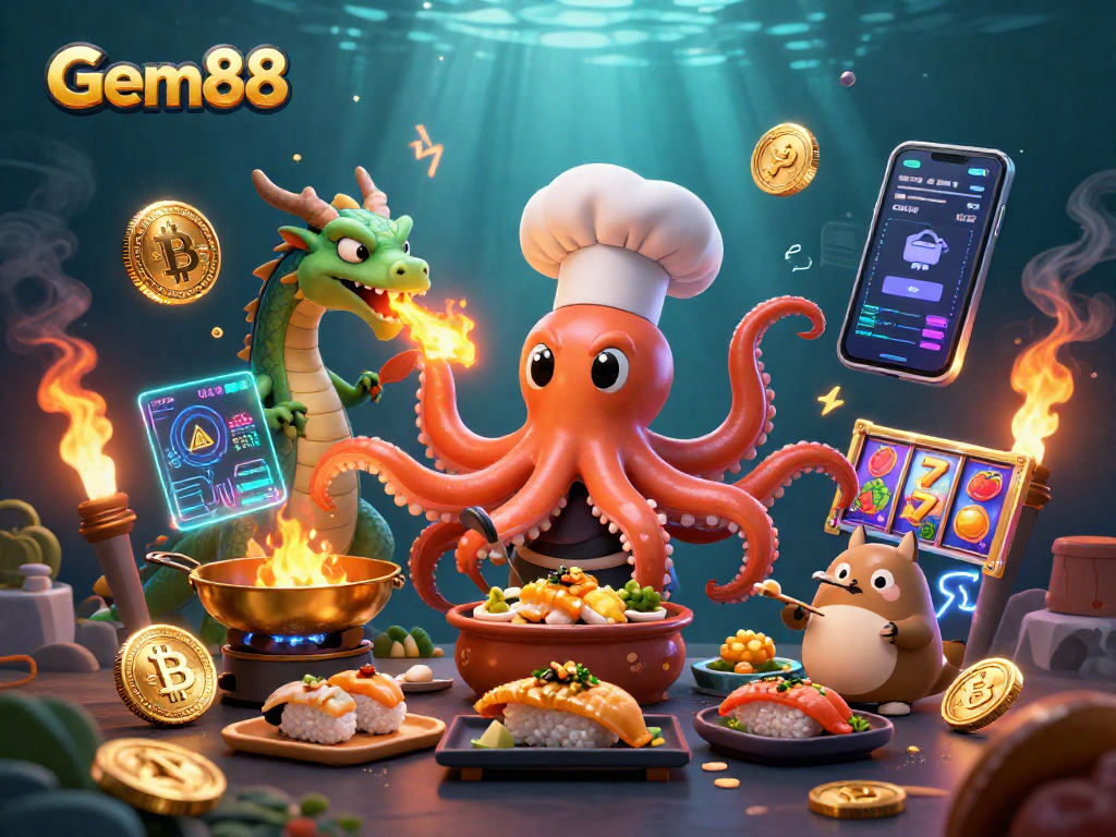 Engage with Gem88's thrilling casino experience featuring a sushi chef octopus and a dragon.