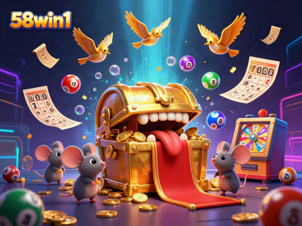 Engage in the fun with 58win1's online gaming world, featuring vibrant lottery balls and dynamic treasure.