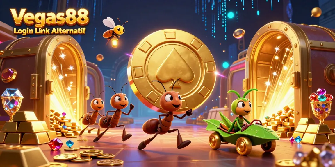 Engage with the thrilling Vegas88 Login Link Alternatif scene showcasing a whimsical heist of giant poker chip and dazzling gems.