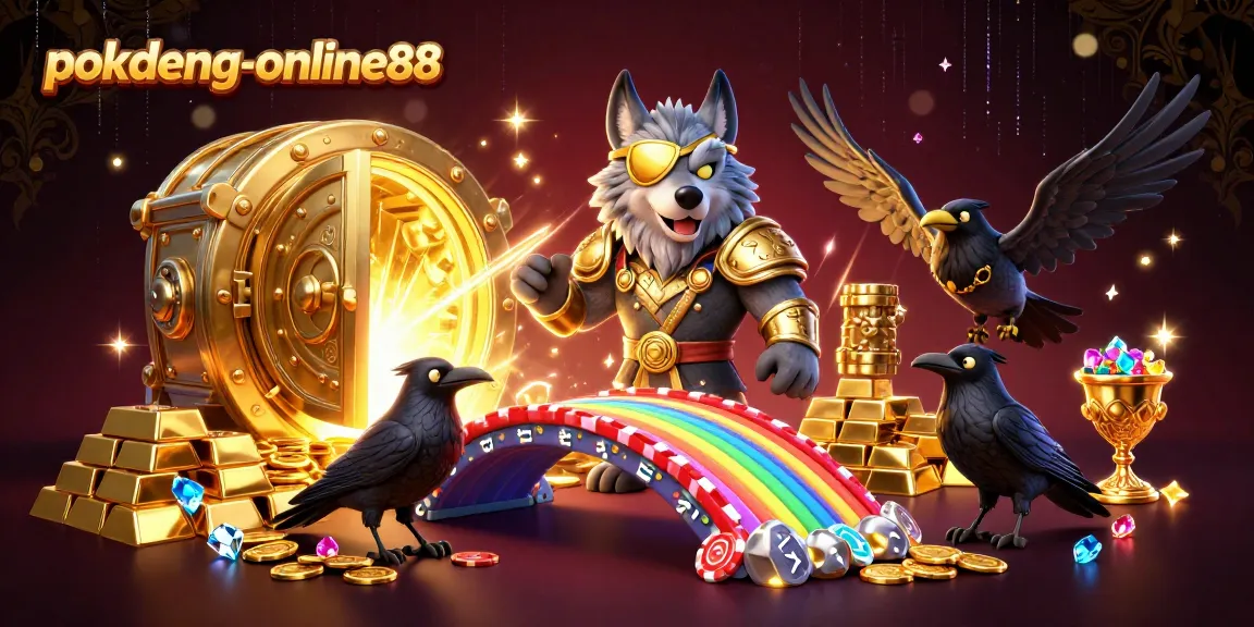 Experience thrilling Pok Deng gameplay with Odin, Huginn, and Muninn amid dazzling riches in this 3D scene.