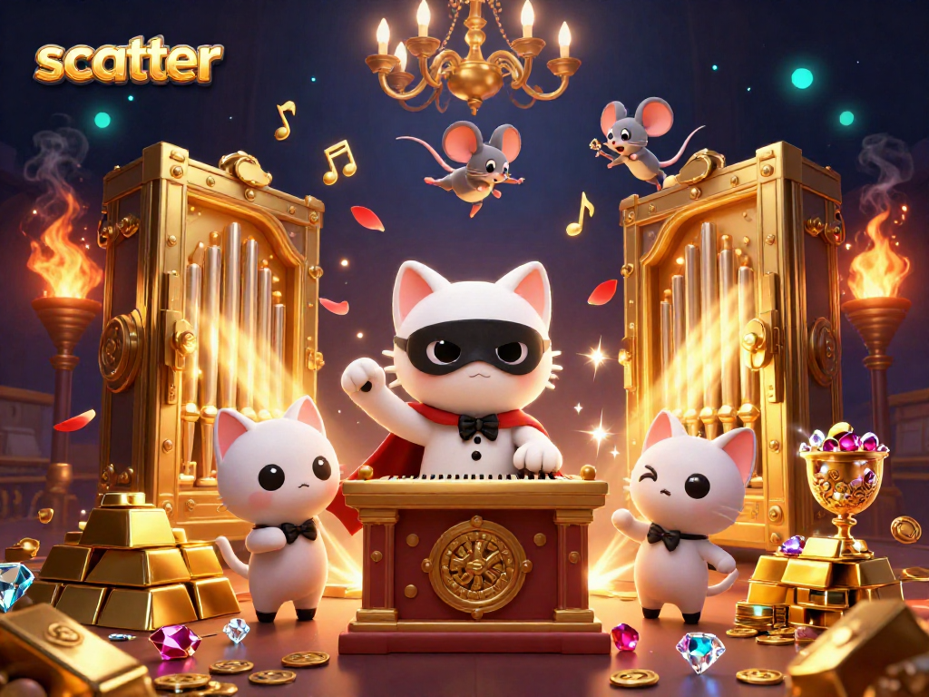 Experience scatter wins with vibrant casino graphics featuring a cat, mouse acrobat, and treasures.