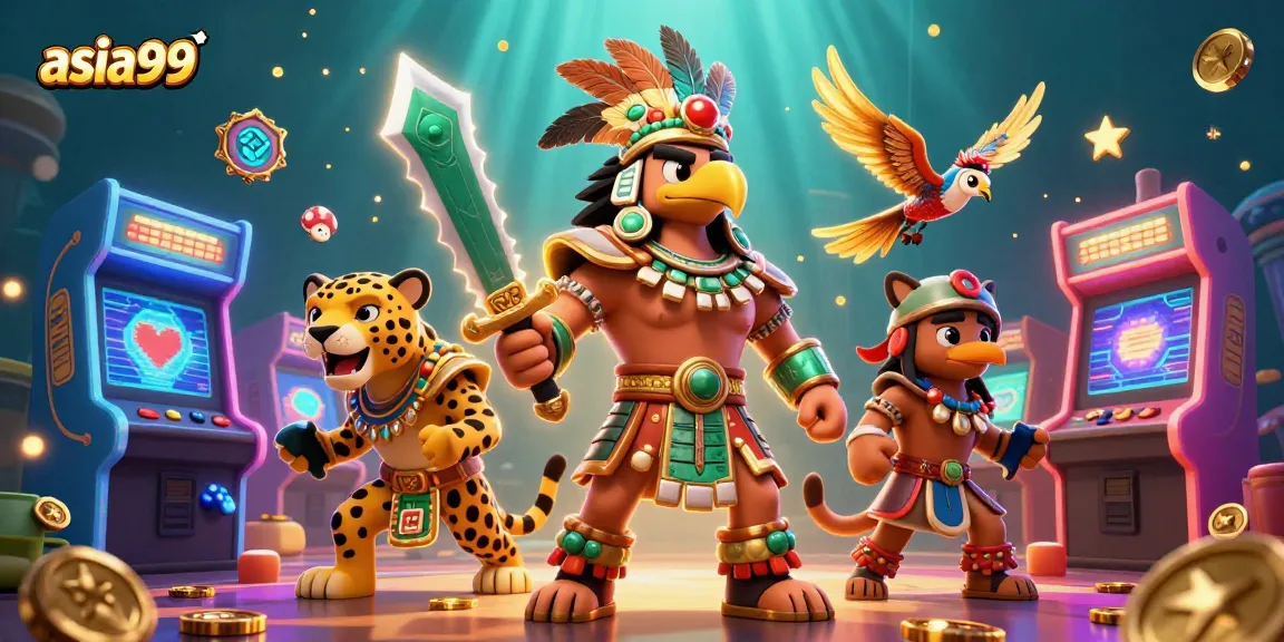 Experience the exciting world of asia99 with an epic casino adventure featuring an Aztec warrior and vibrant game elements.
