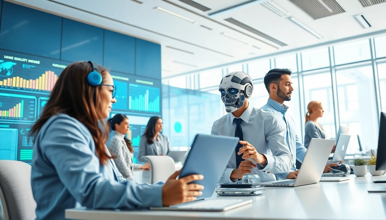 Visual representation of Ai agents collaborating in a modern office, showcasing technology use.